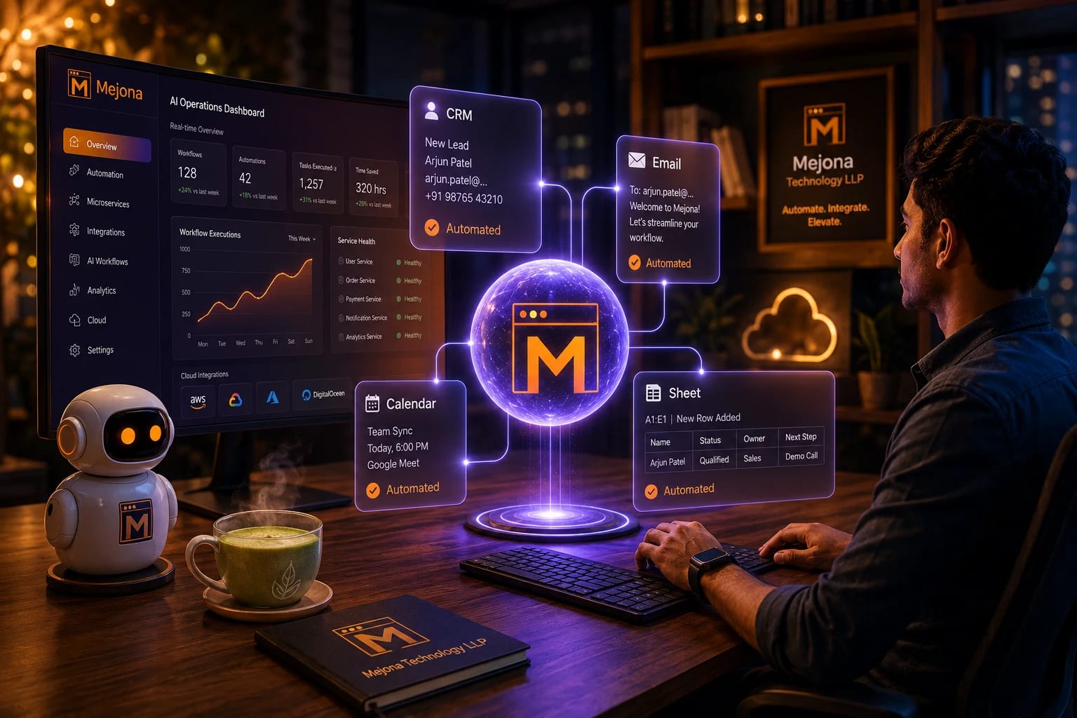 A glowing violet AI orb with the Mejona M logo at the center, connected to CRM, Email, Calendar and Sheet workflow cards, an AI Operations Dashboard on the monitor behind