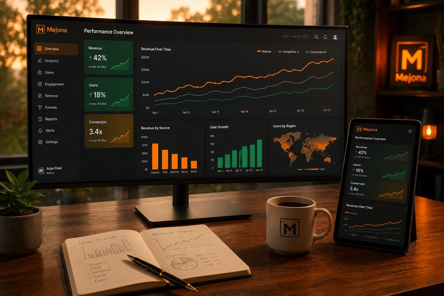 An ultrawide monitor showing the Mejona Performance Overview dashboard with Revenue, Users and Conversion KPI cards, an upward-trending orange line chart, and a world heatmap