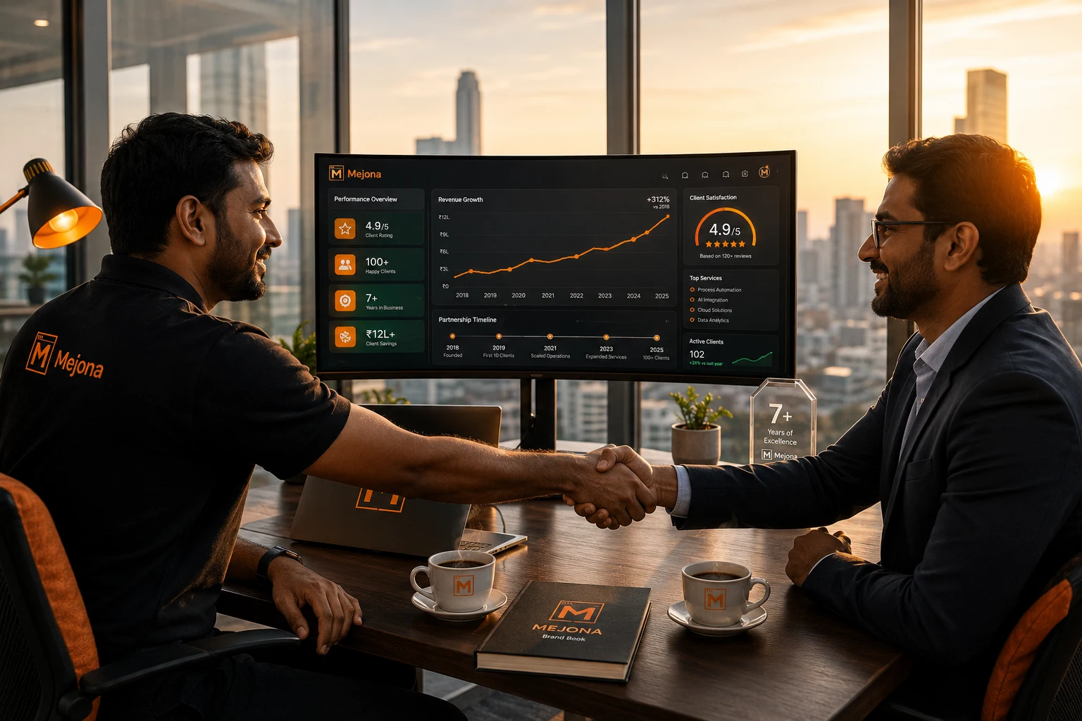 Mejona consultant and a satisfied client shaking hands across a sunlit corner-office desk, with a Mejona performance dashboard on the ultrawide monitor, a 7+ Years of Excellence glass trophy, the Mejona brand book, coffee cups and a city skyline at golden hour