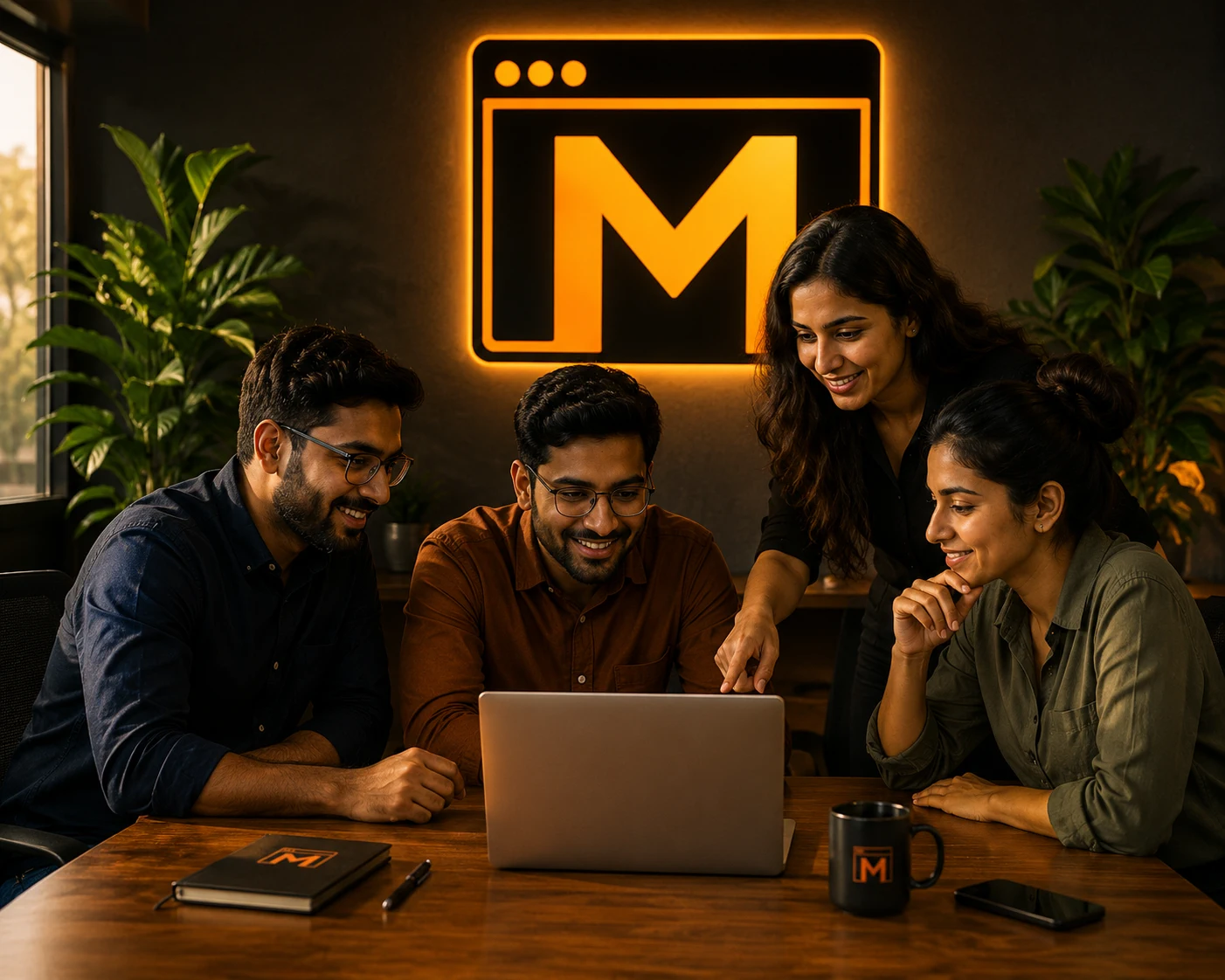 Four Mejona team members gathered around a wooden desk in a warm dark office, looking at a shared laptop screen showing analytics. Behind them a glowing orange Mejona M logo is mounted on the wall, with two potted plants flanking the scene.