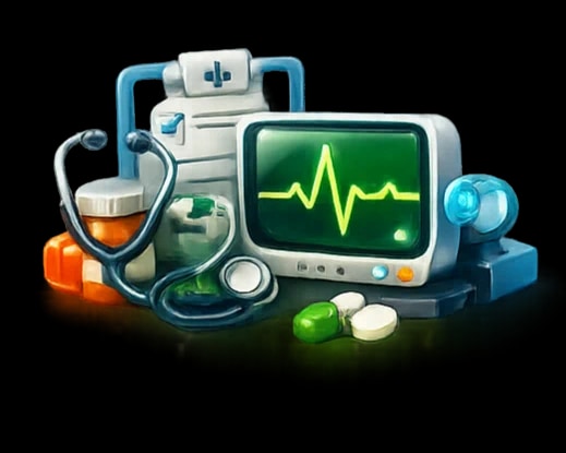 3D medical monitor with heart rhythm and pill bottles