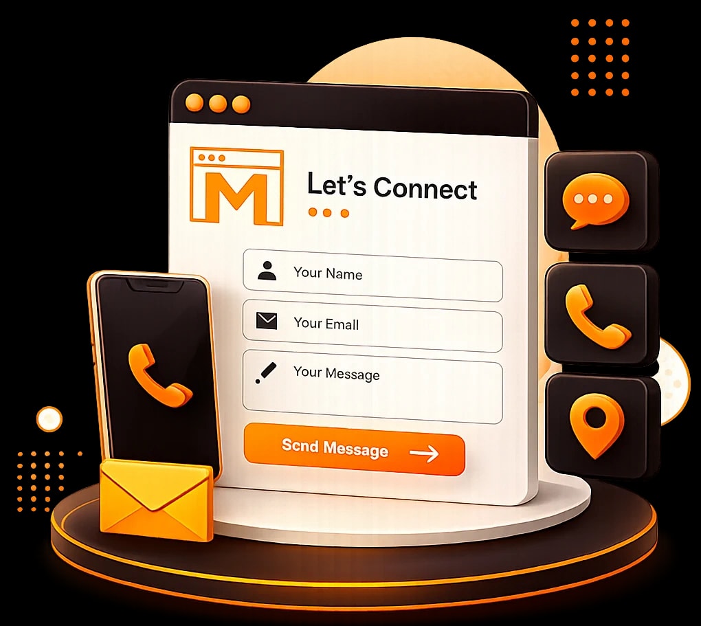 3D illustration of a contact form — orange Mejona M inside a browser window with a phone, envelope, and orbiting chat/call/location icons