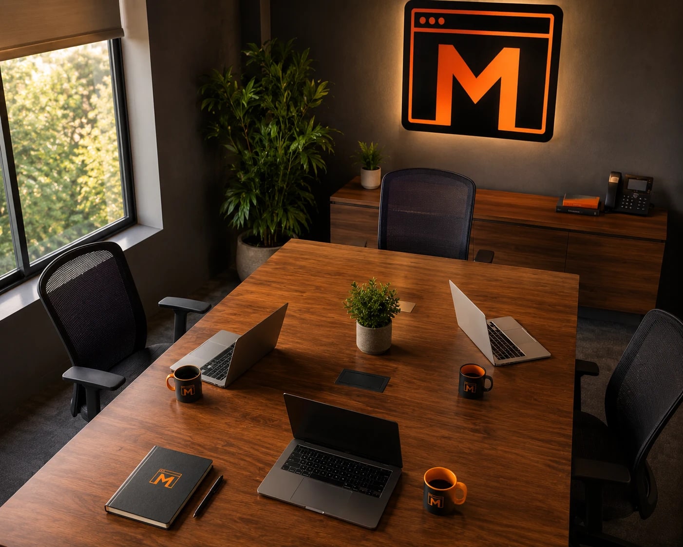 An empty Mejona meeting room: wooden table with three laptops, two branded coffee mugs, a notebook, a potted plant, and a window letting in soft daylight.